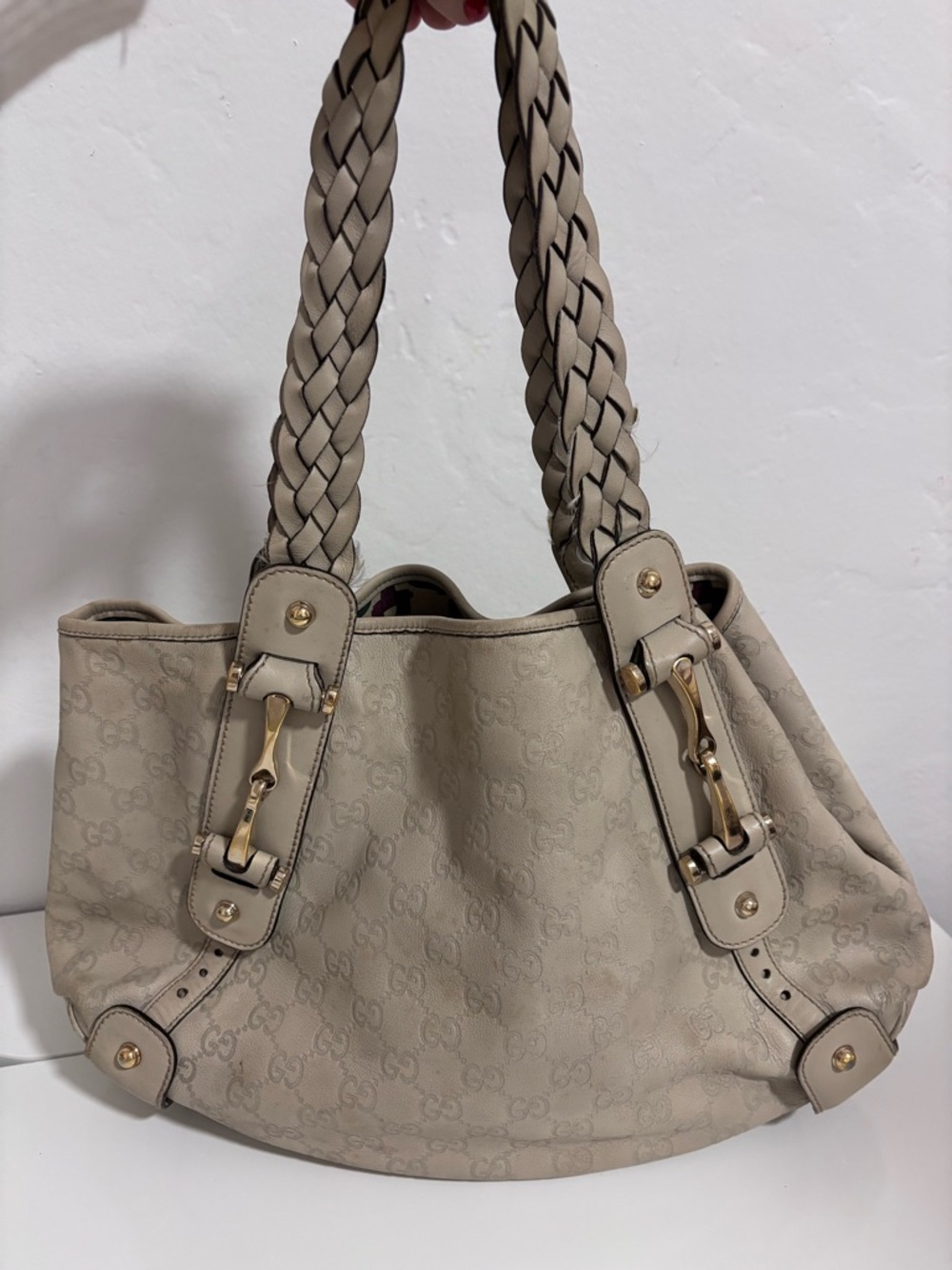 Gucci Beige Braided-Handle Shoulder Bag with Gold Hardware